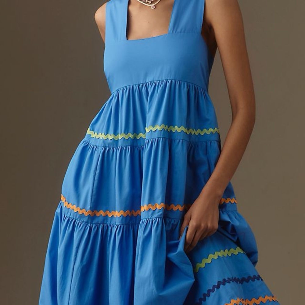Anthropologie Vibrant Blue Midi Dress with Orange and Green Details